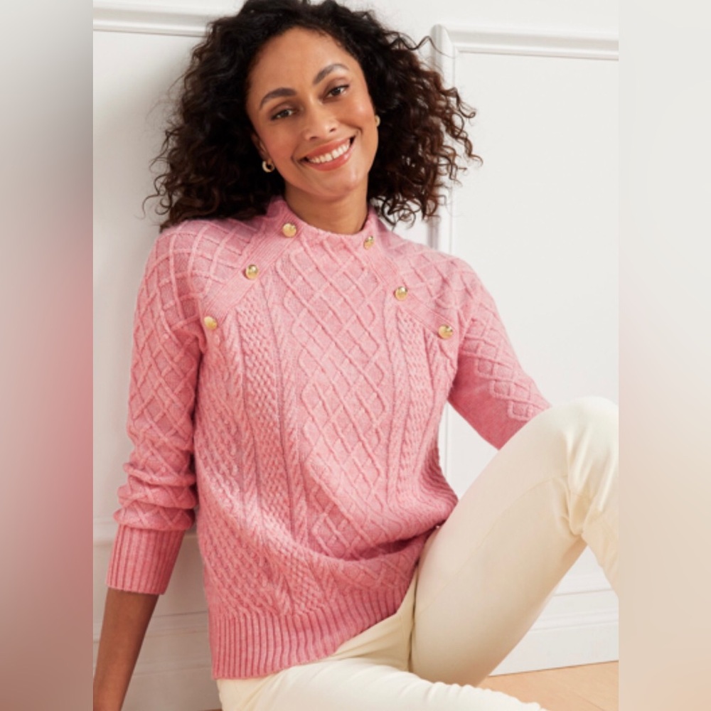 Talbots Women Mock Neck Cable Knit Sweater Pink Button Pullover Long Sleeve M